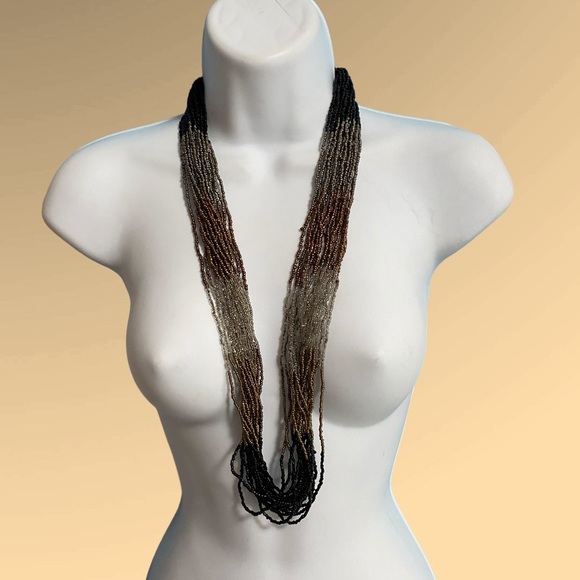 Artisan Multi-Strand Seed Bead Long Necklace Black Silver Copper Colorblock - Picture 7 of 7